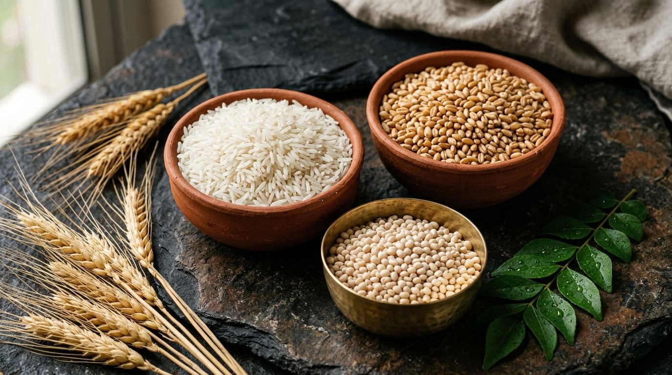 Natural grains, wheat, and urad dal in traditional bowls representing wholesome food quality